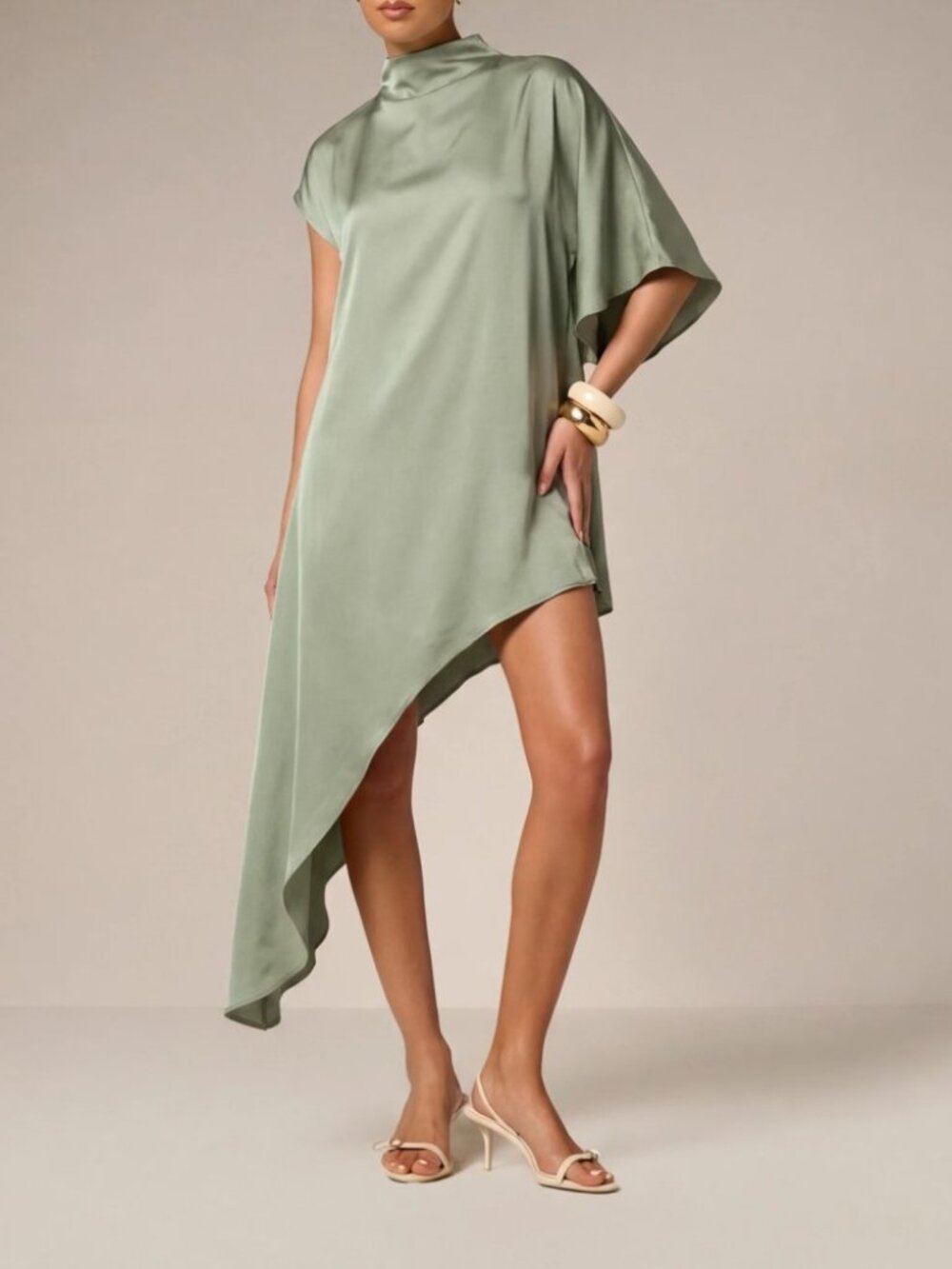 Sage Green Satin Cape Poncho Asymmetric Hem Mini Dress